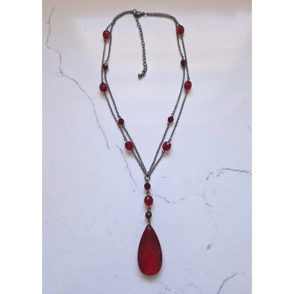 Gunmetal Layered Necklace Ruby Red Beaded Teardrop Pendant Goth Vampire Alt